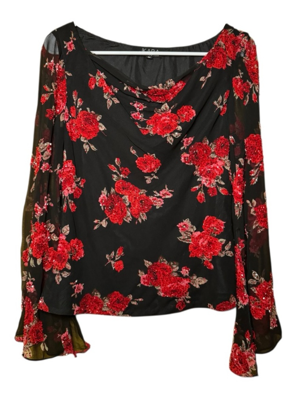 J Kara Rose Print Beaded Long Sleeve Vintage Top